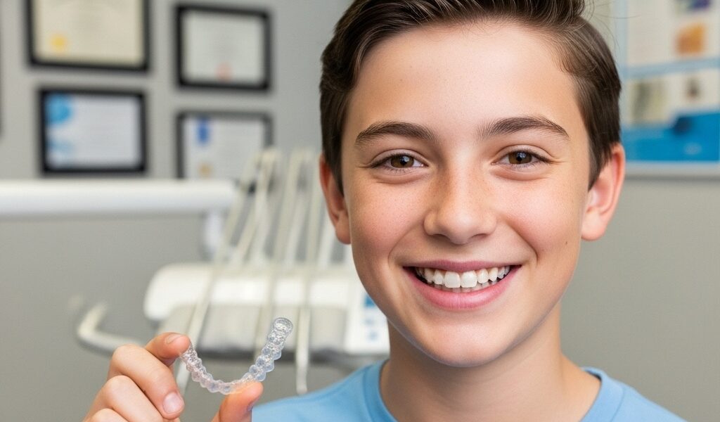 Jugendlicher mit Invisalign Teen – unsichtbare Zahnschiene für Kinder und Jugendliche bei Skyline Kieferorthopädie Frankfurt am Main Europaviertel.