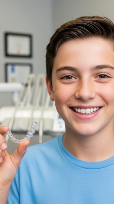 Jugendlicher mit Invisalign Teen – unsichtbare Zahnschiene für Kinder und Jugendliche bei Skyline Kieferorthopädie Frankfurt am Main Europaviertel.