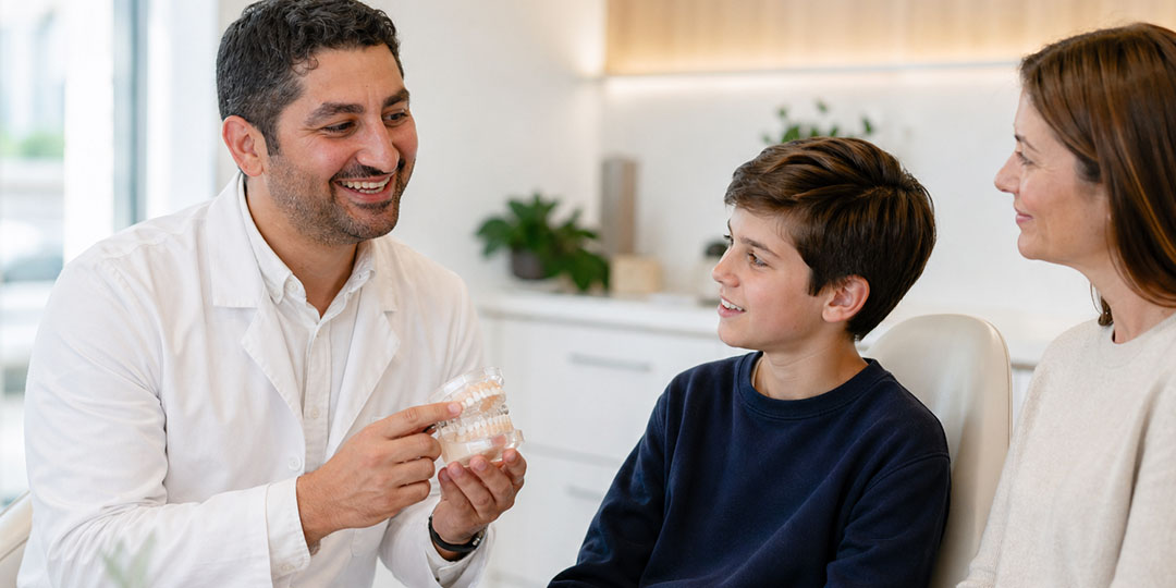 Kieferorthopäde erklärt Junge und Mutter das Miniimplantat-Modell in Frankfurt